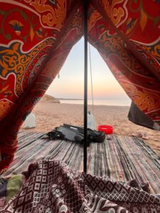 Sunrise view from the inside of the the tent in Ras Mohammed national park by night, in Egypt.